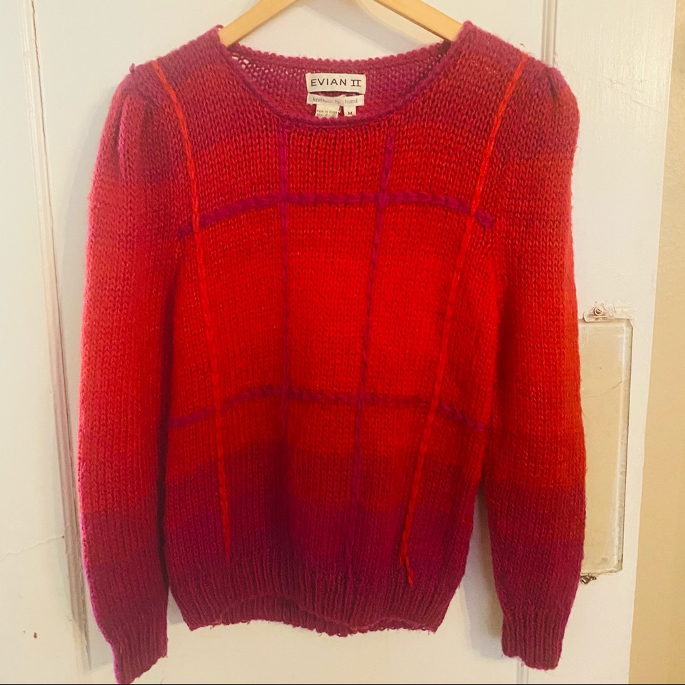 Vintage 80s Hand Knitted Sweater With plaid/ombré design size medium